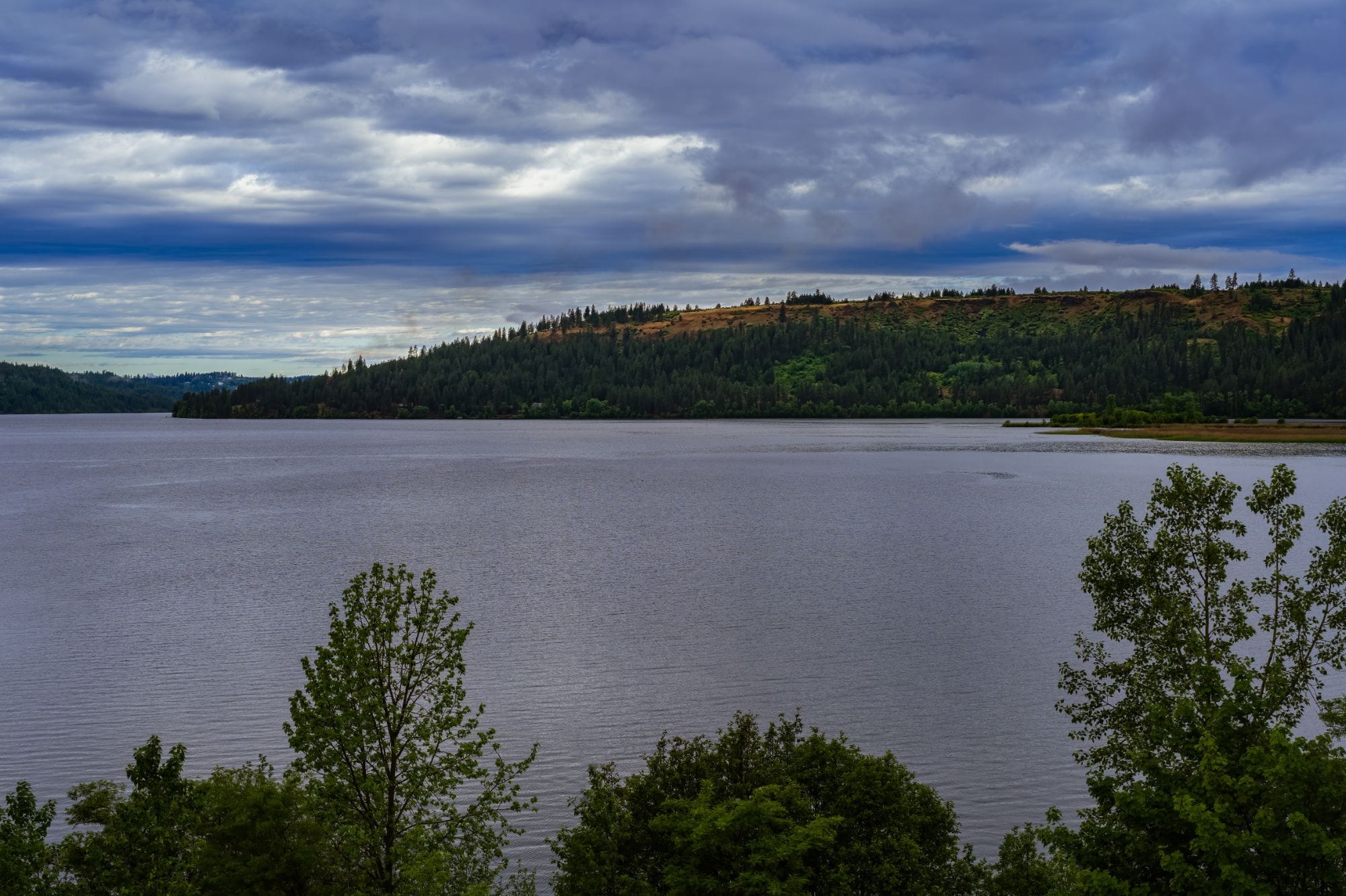 Lake Coeur d'Alene under a cloudy sky with a forested hillside near Harrison, Idaho
