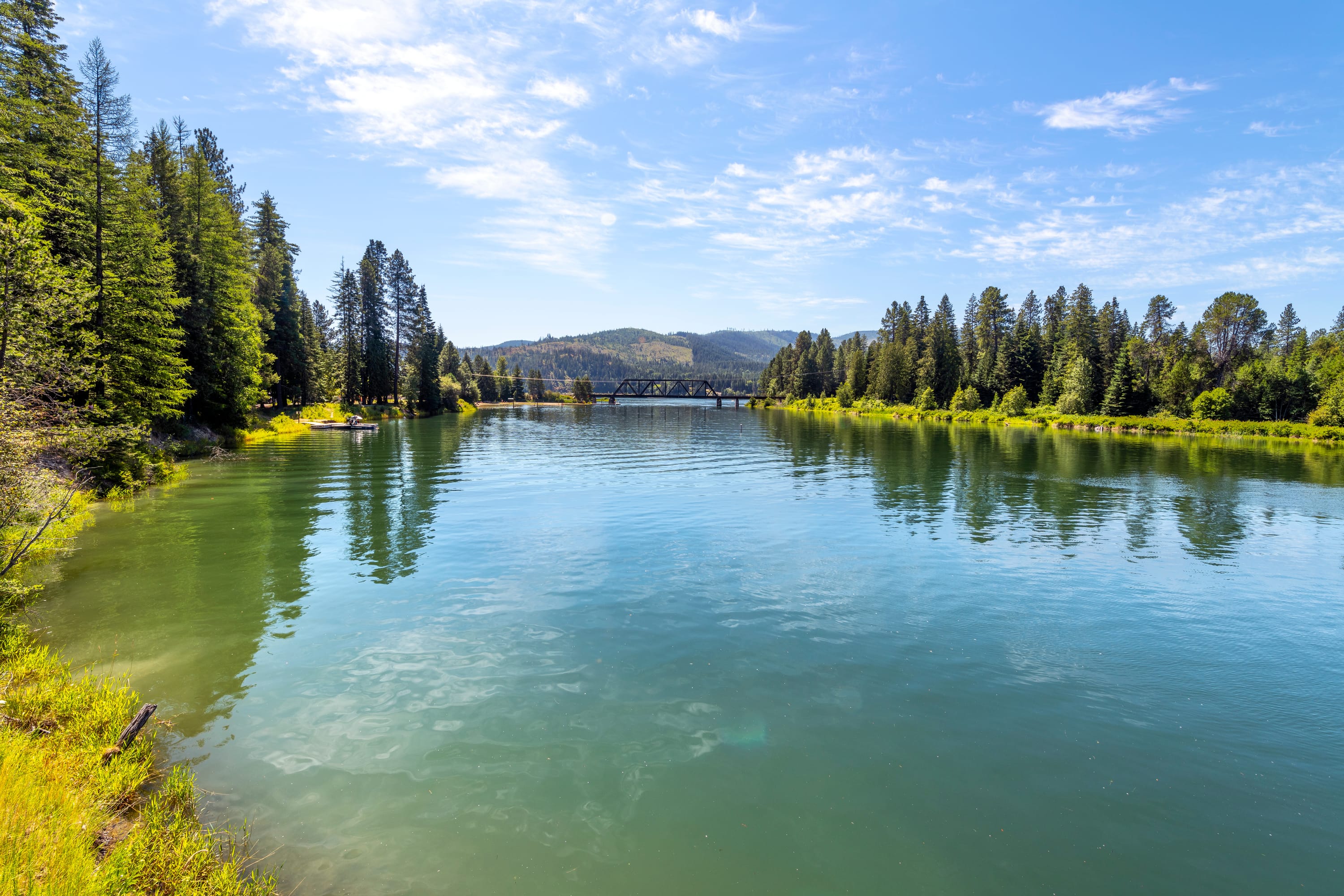 The Priest River flowing calmly between tall pine forests toward a railroad bridge in Priest River, Idaho