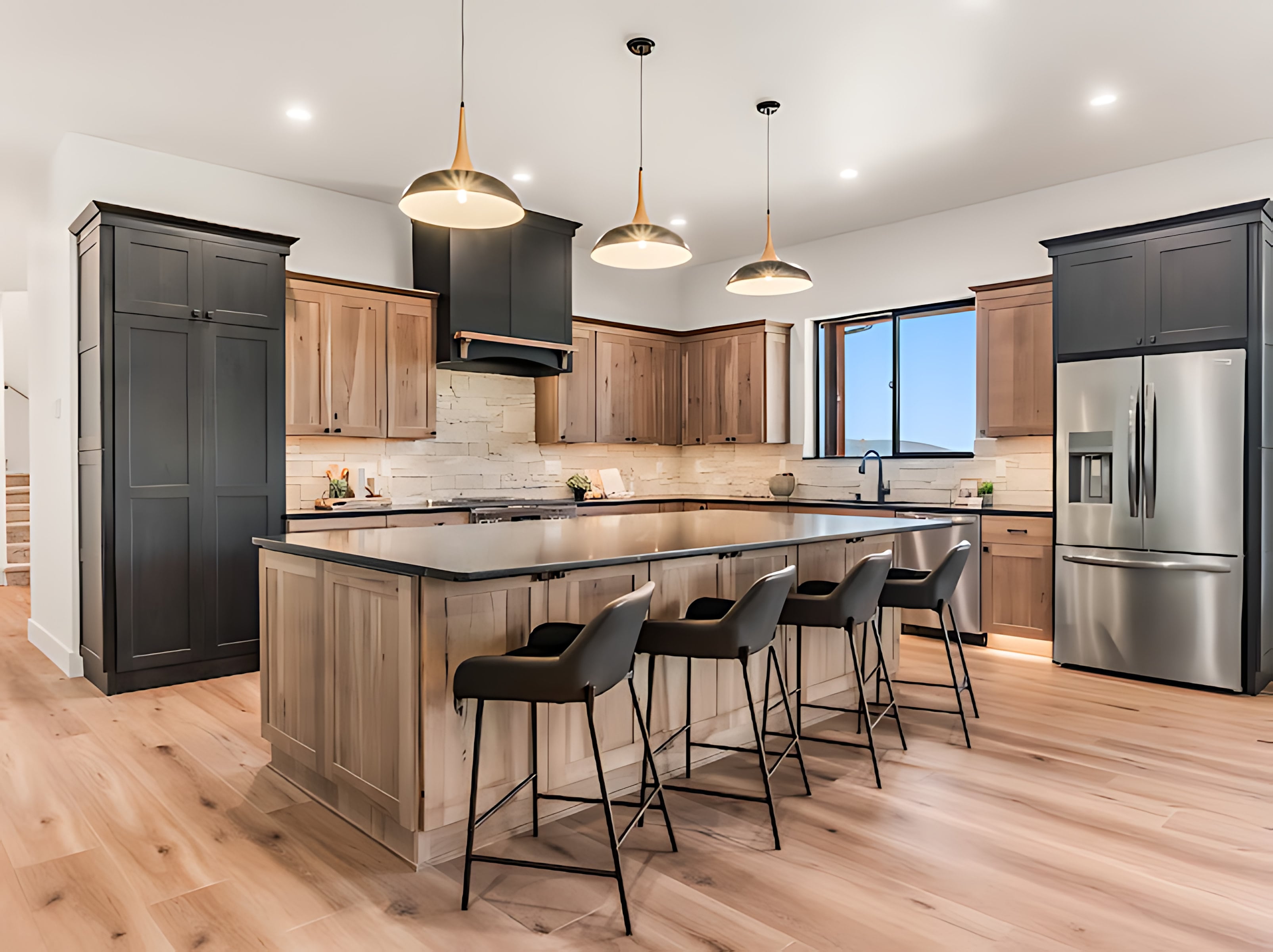 Custom kitchen with a large island, brass pendant lights, and rustic wood cabinetry