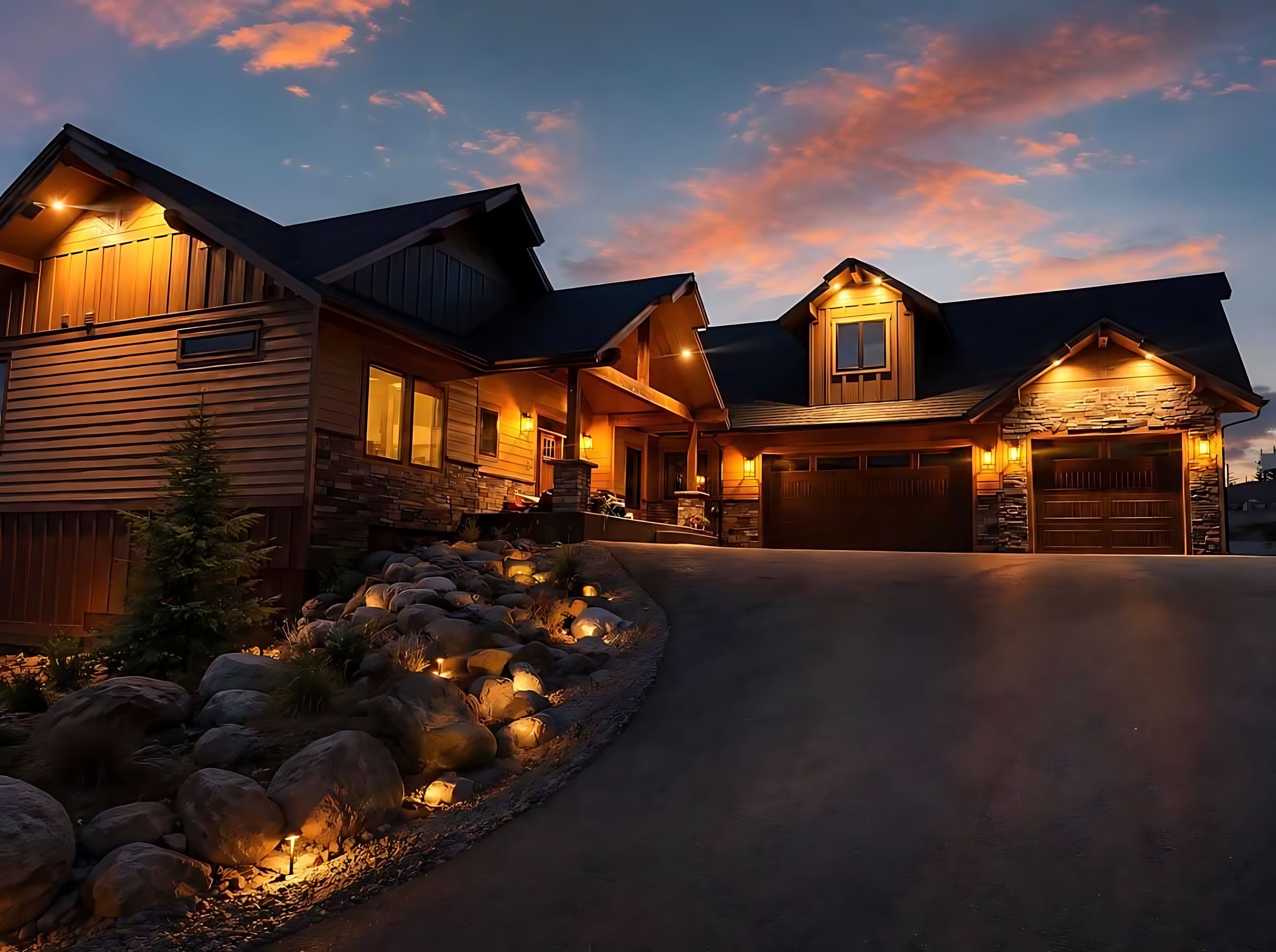 Custom home at twilight with glowing garage doors and landscape lighting along the driveway